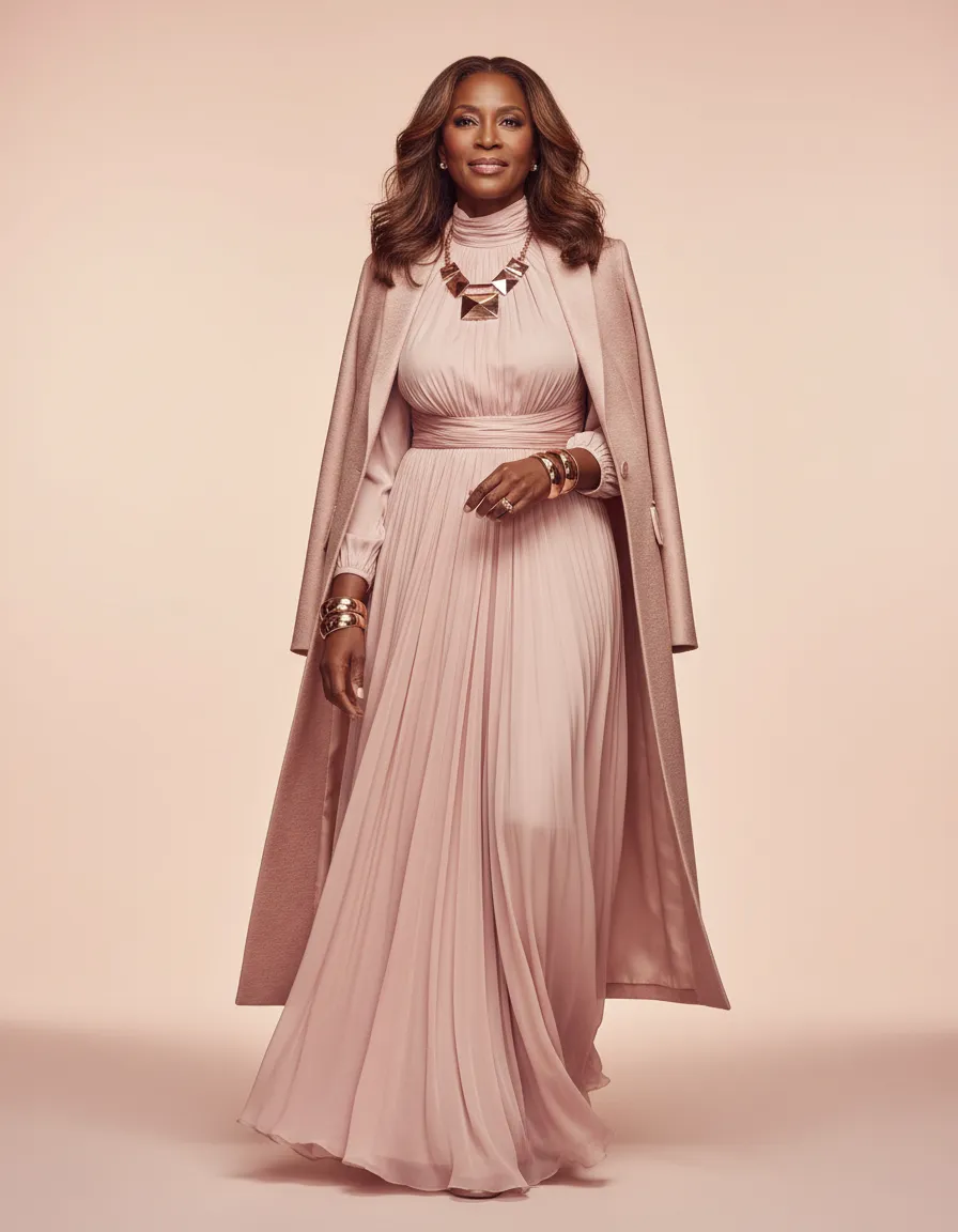 Elegant woman in modest, stylish outfit with jewelry from Crowned Woman Boutique
