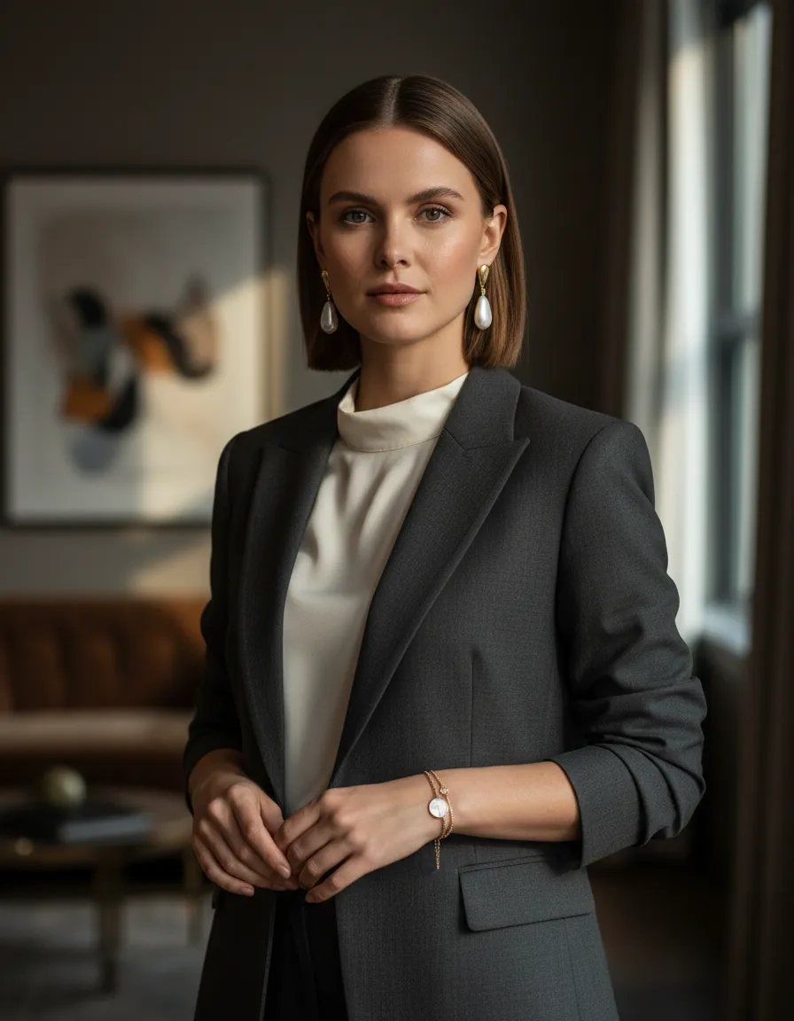 Professional woman in blazer with elegant earrings and bracelet
