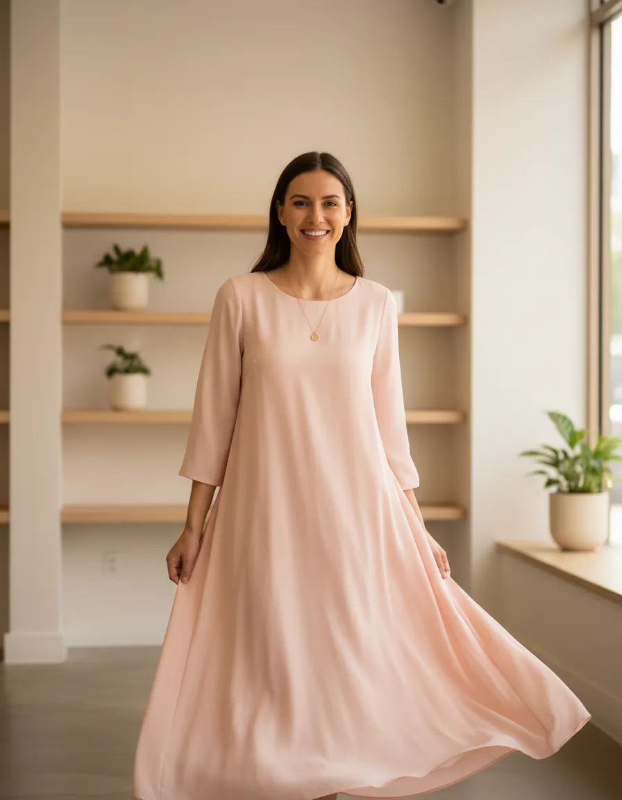 Woman in soft blush dress and long necklace, smiling confidently