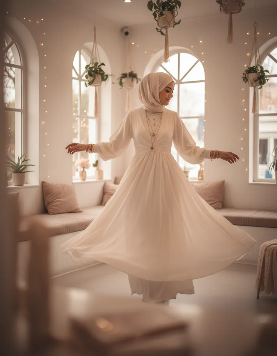 Woman in flowy dress with layered necklaces and bracelets
