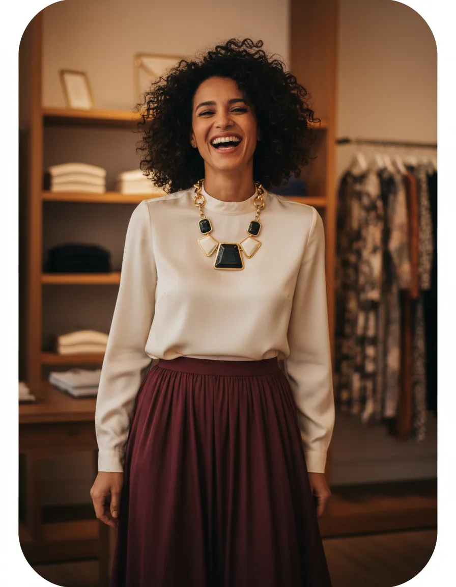Woman laughing in boutique setting with bold statement necklace