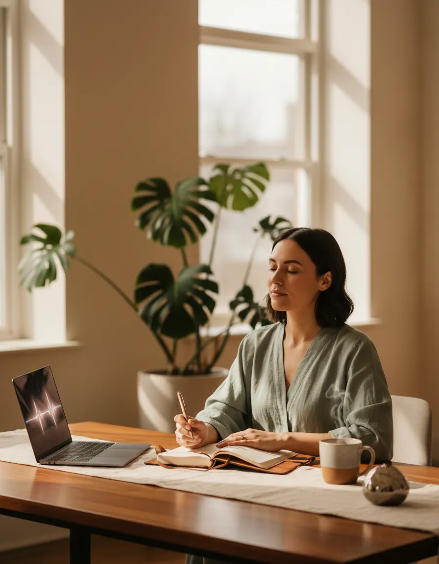 Woman peacefully reflecting and learning at a wellness desk