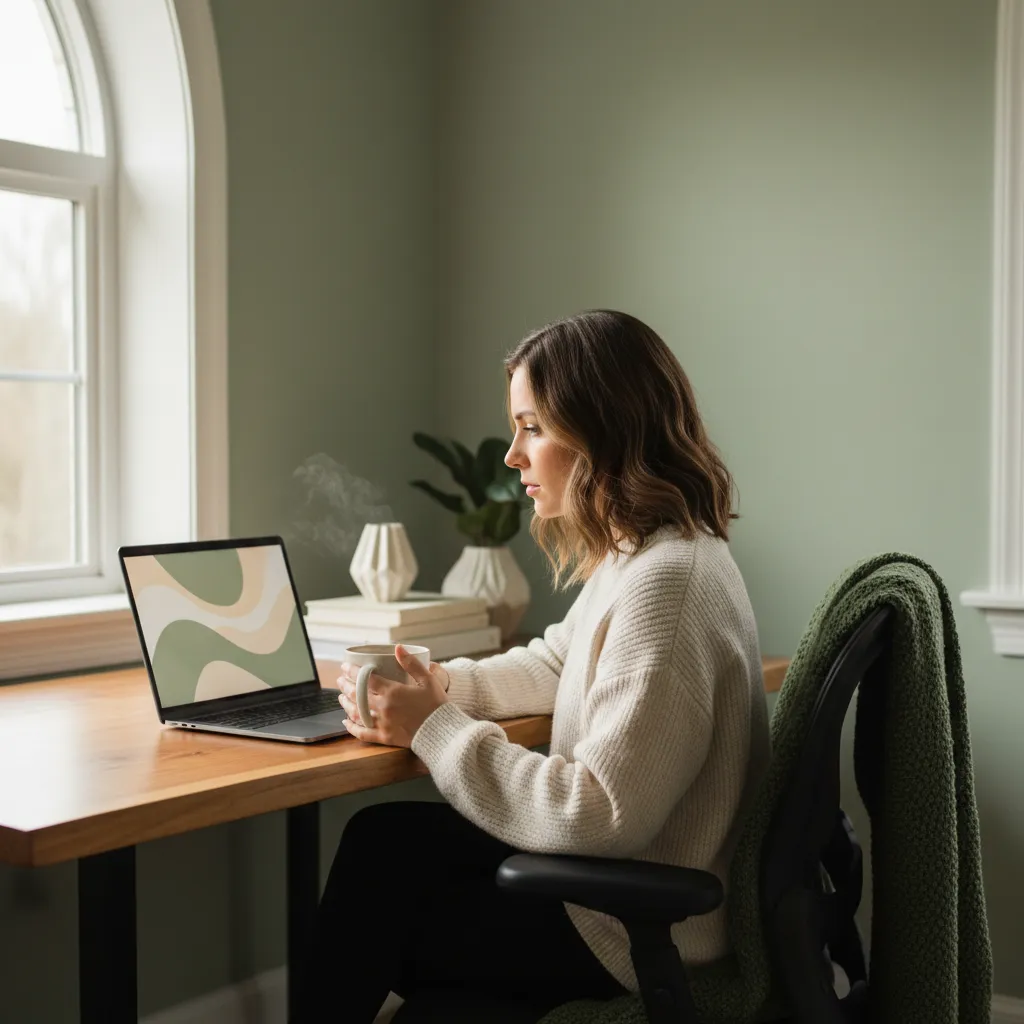 Peaceful virtual webinar, woman learning at laptop