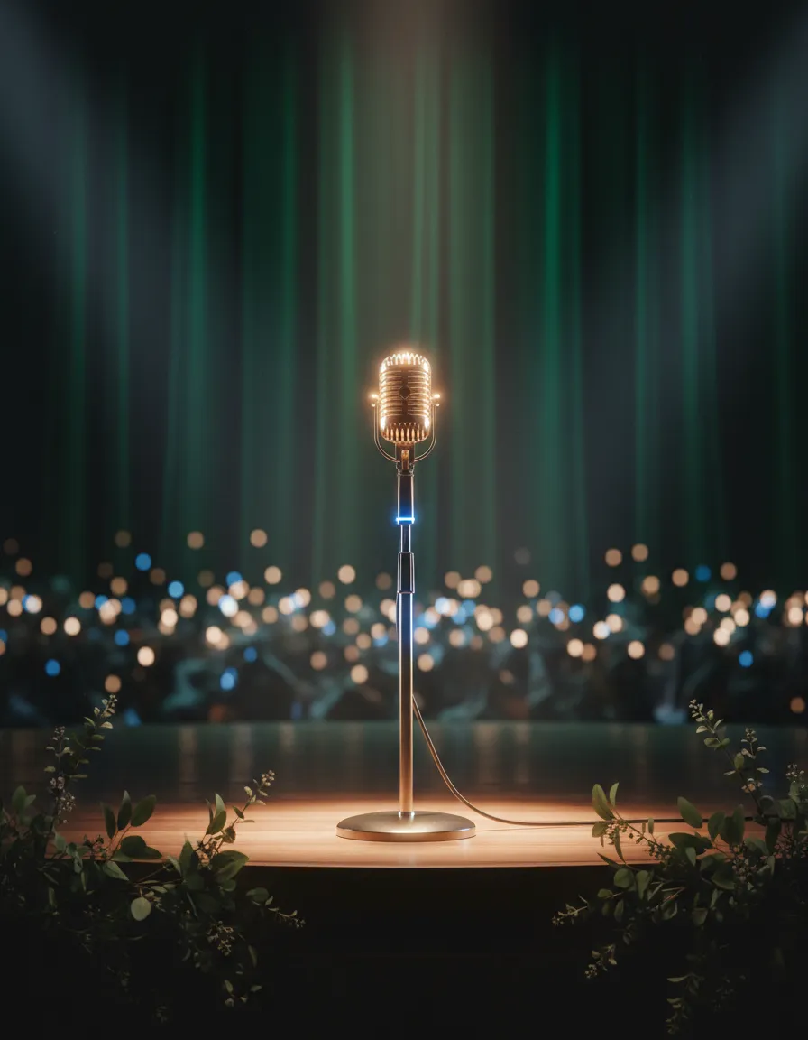 Stock image of a stage, microphone, audience, or healthcare event