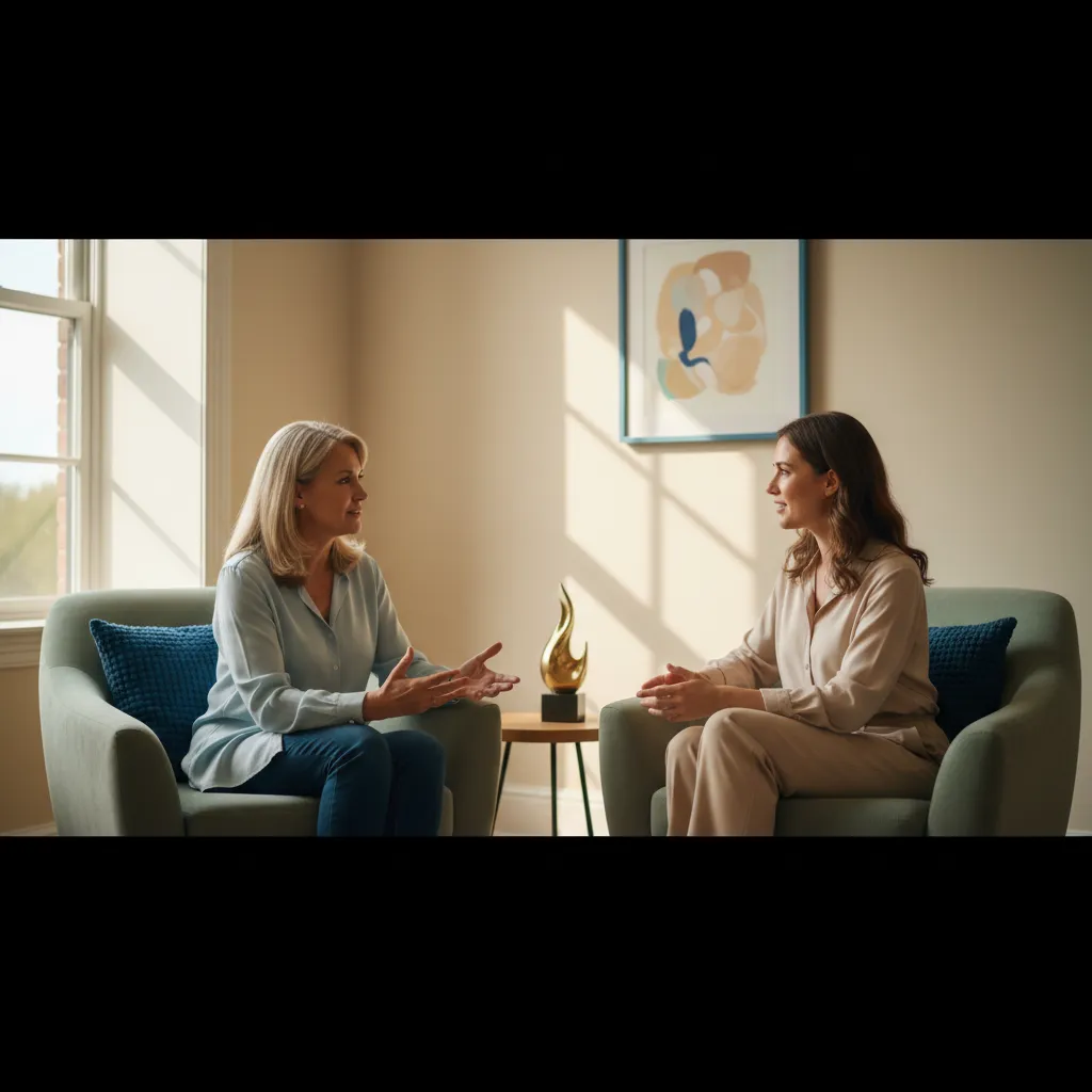 Coaching conversation with a mature woman in a calm setting representing the Coaching pillar