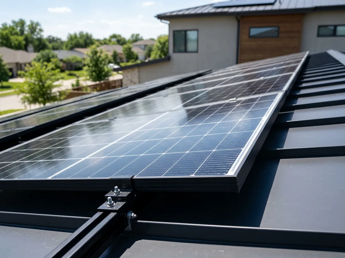 Close-up of a residential rooftop solar panel array on a modern home