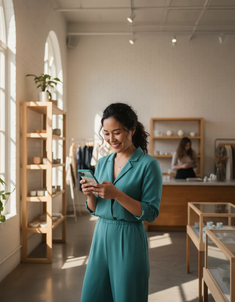 Small business owner smiling while checking new customer reviews on their smartphone in a modern shop