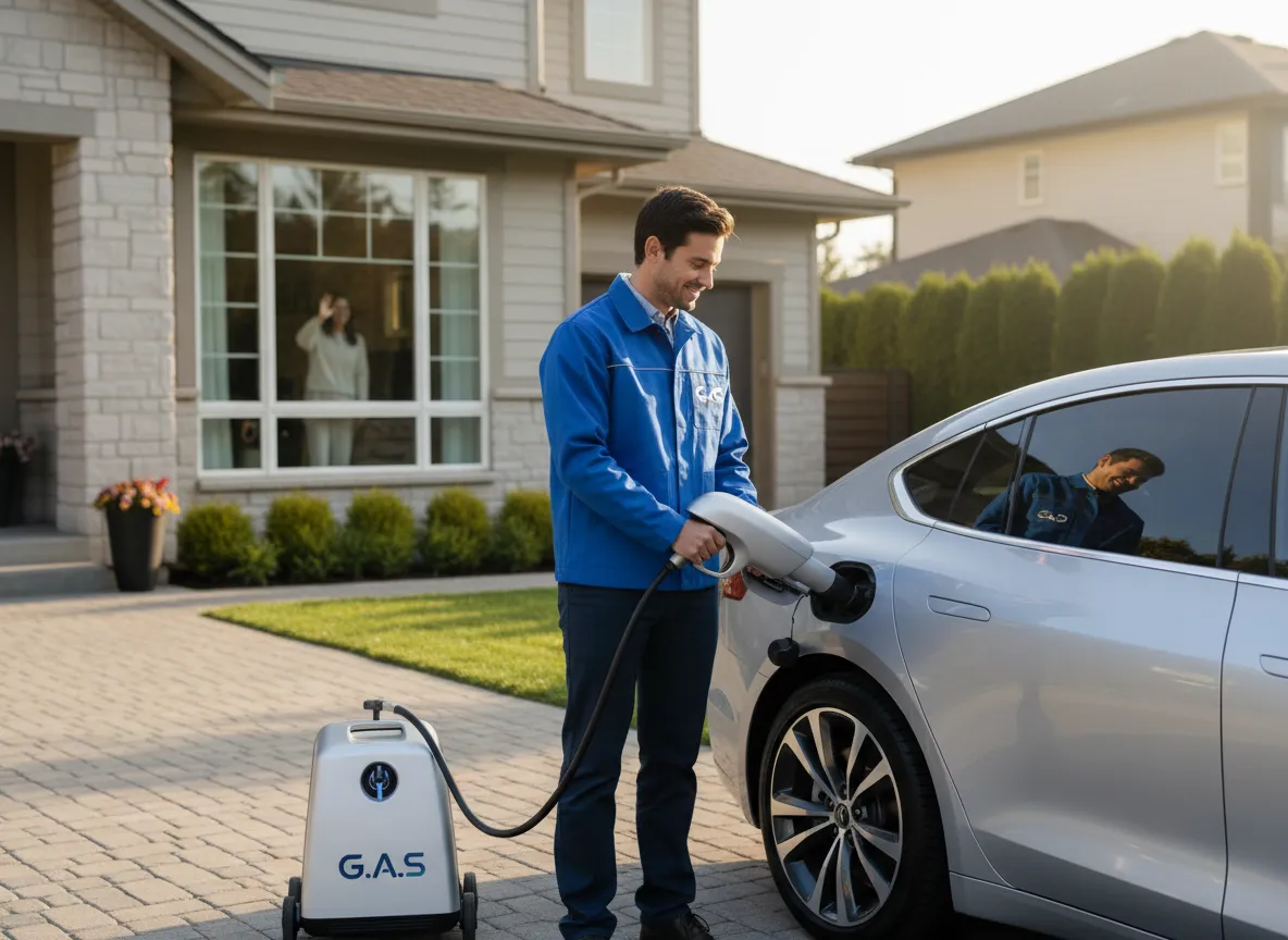 Safe gas delivery professional refueling a parked car at home