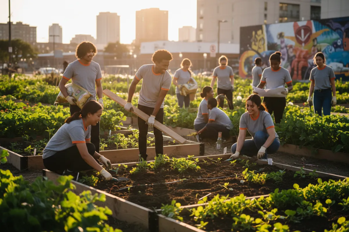 Youth group volunteers building community gardens, vibrant greens, warm orange highlights