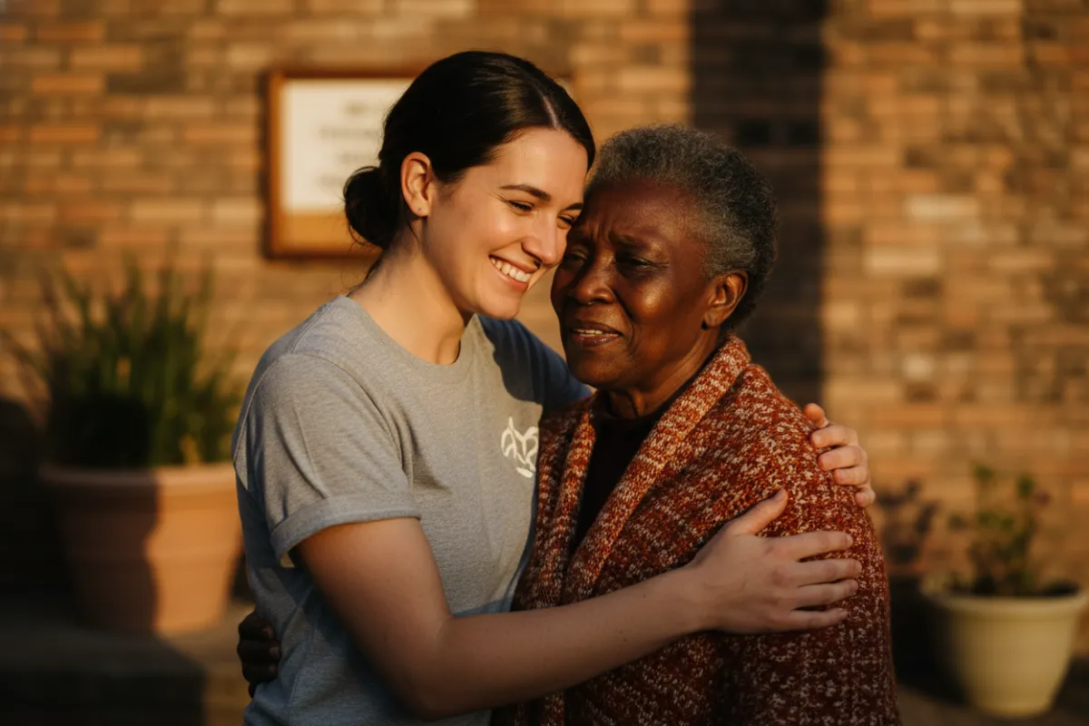 Smiling volunteer embracing a recipient outside a community center, warm color palette, photorealistic.