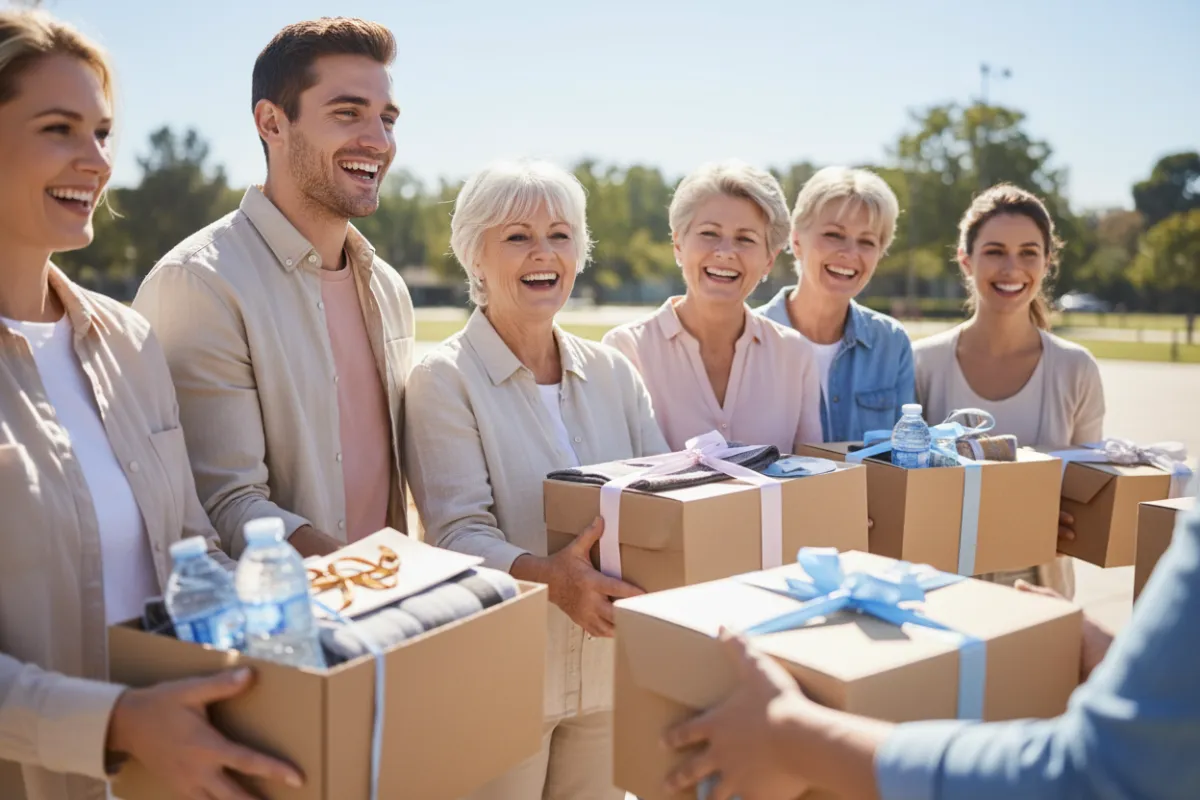 Multi-generational volunteer team handing out care packages, candid smiles, sunny day