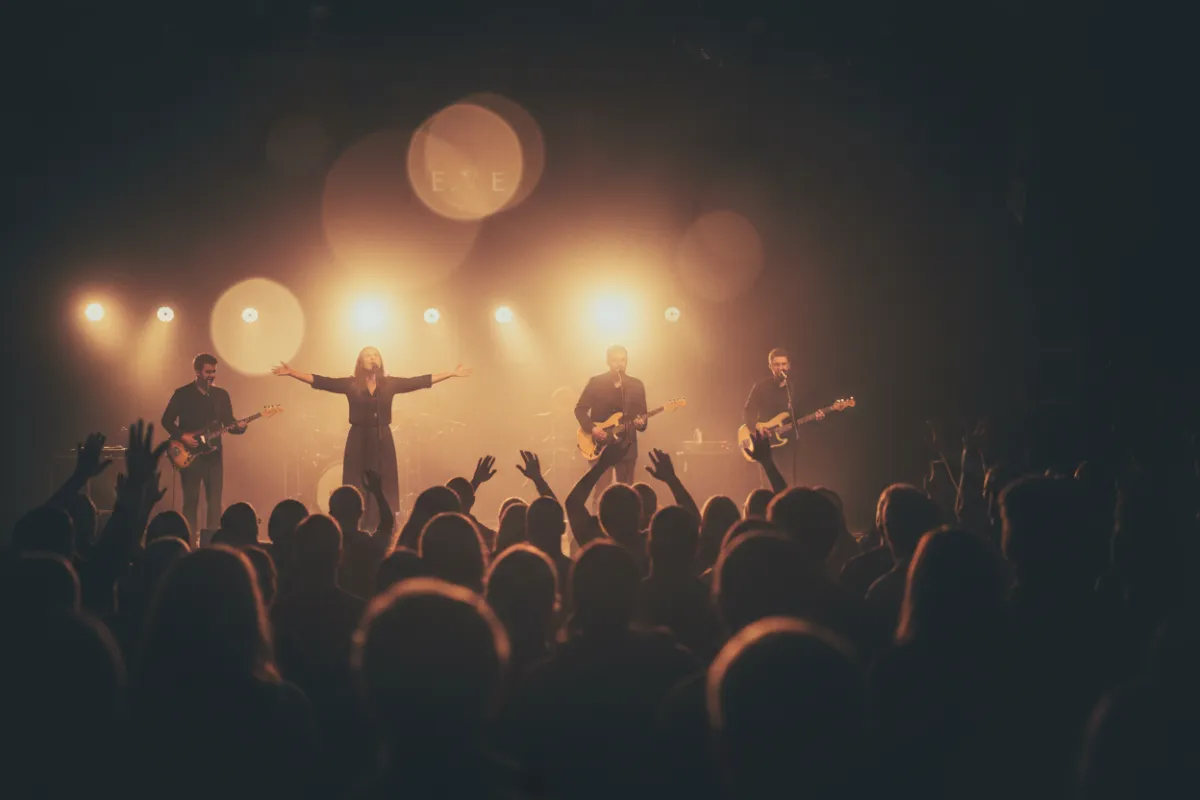 Worship band mid-song with warm stage lights, audience silhouettes, soft bokeh, brightened color treatment for a softer modern look to invite attendance.