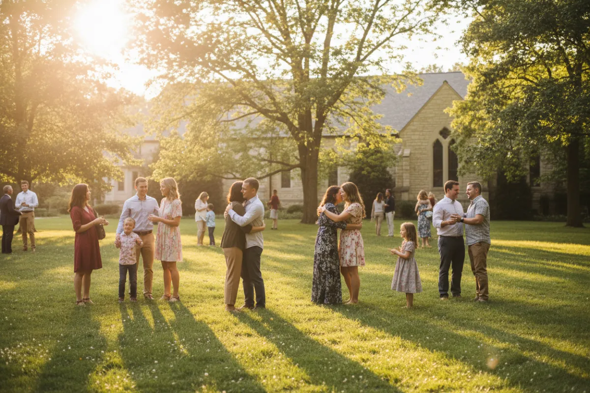 Families and friends greeting each other after service on the church lawn, golden-hour warmth