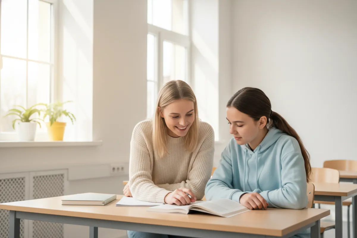 Tutor and student working together in a bright classroom