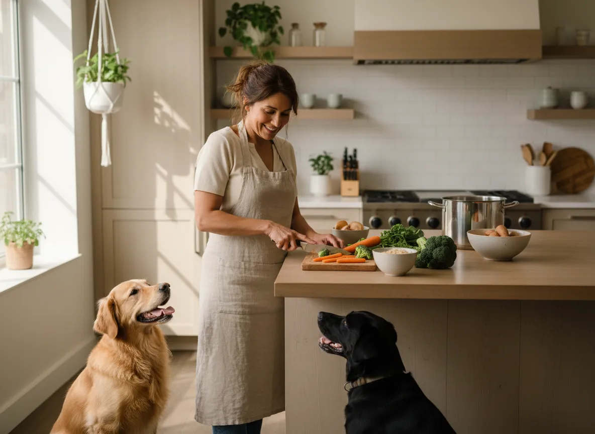 Mujer feliz cocinando comida natural para perros