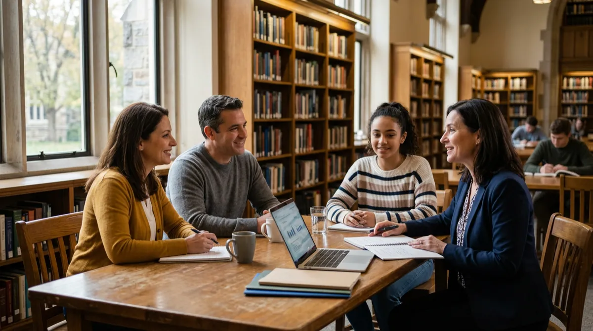 College advisor meeting with parents and a student at a table in a university library