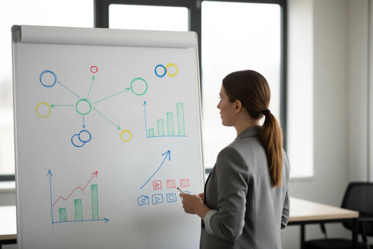 A creative entrepreneur mapping out a brand strategy on a whiteboard, with colorful diagrams and growth charts, symbolizing business scaling.