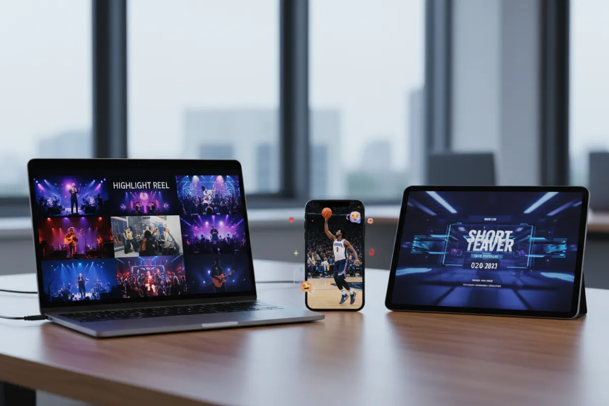 A collection of devices displaying different video formats, including a highlight reel on a laptop, social clips on a phone, and a teaser on a tablet.