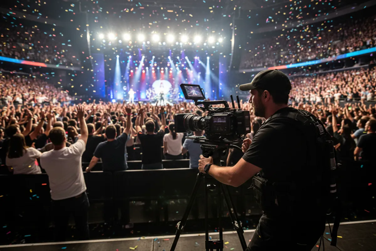 A videographer filming a lively event, with a crowd in the background and stage lights illuminating the scene, capturing the excitement of the moment.