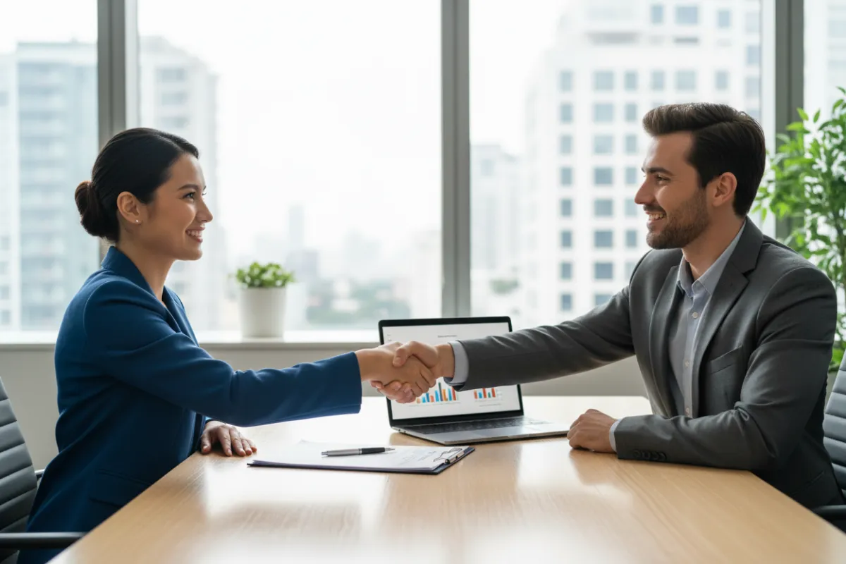 A business owner shaking hands with a client in a modern office, with a contract and laptop on the table, symbolizing successful client acquisition.