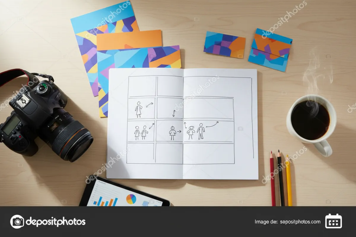 A flat lay of a creative workspace featuring a storyboard, DSLR camera, colorful marketing materials, and a cup of coffee. The scene is organized and vibrant, representing the strategic planning and foundational aspects of event video marketing in a professional yet approachable manner.