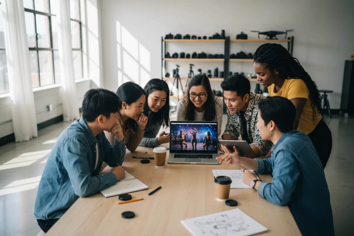 A diverse group of aspiring videographers and small business owners gather around a table, reviewing event footage on a laptop in a bright, modern workspace. The scene is lively, with natural light streaming in, and camera equipment visible in the background, emphasizing collaboration and learning.
