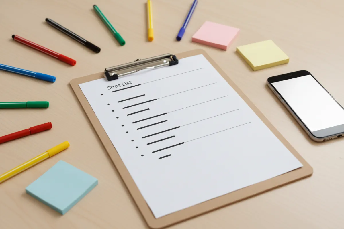 A detailed shot list and event schedule on a clipboard, surrounded by pens, sticky notes, and a smartphone, representing organized pre-production planning.