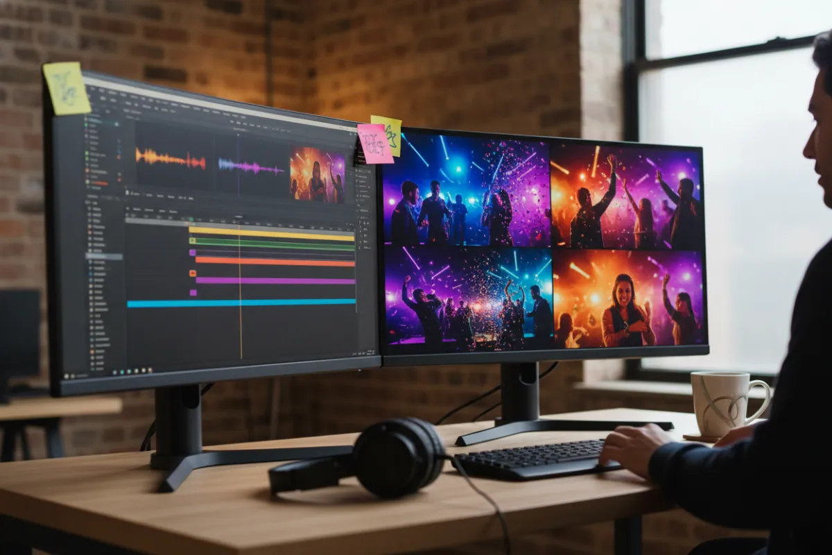 A video editor working at a dual-monitor setup, with editing software open and colorful footage on the screens, surrounded by notes and headphones.