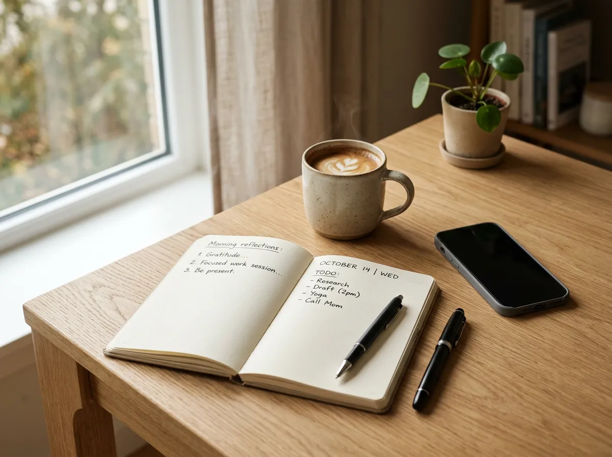 Notebook and coffee on a neutral desk with a phone (calm minimal aesthetic)