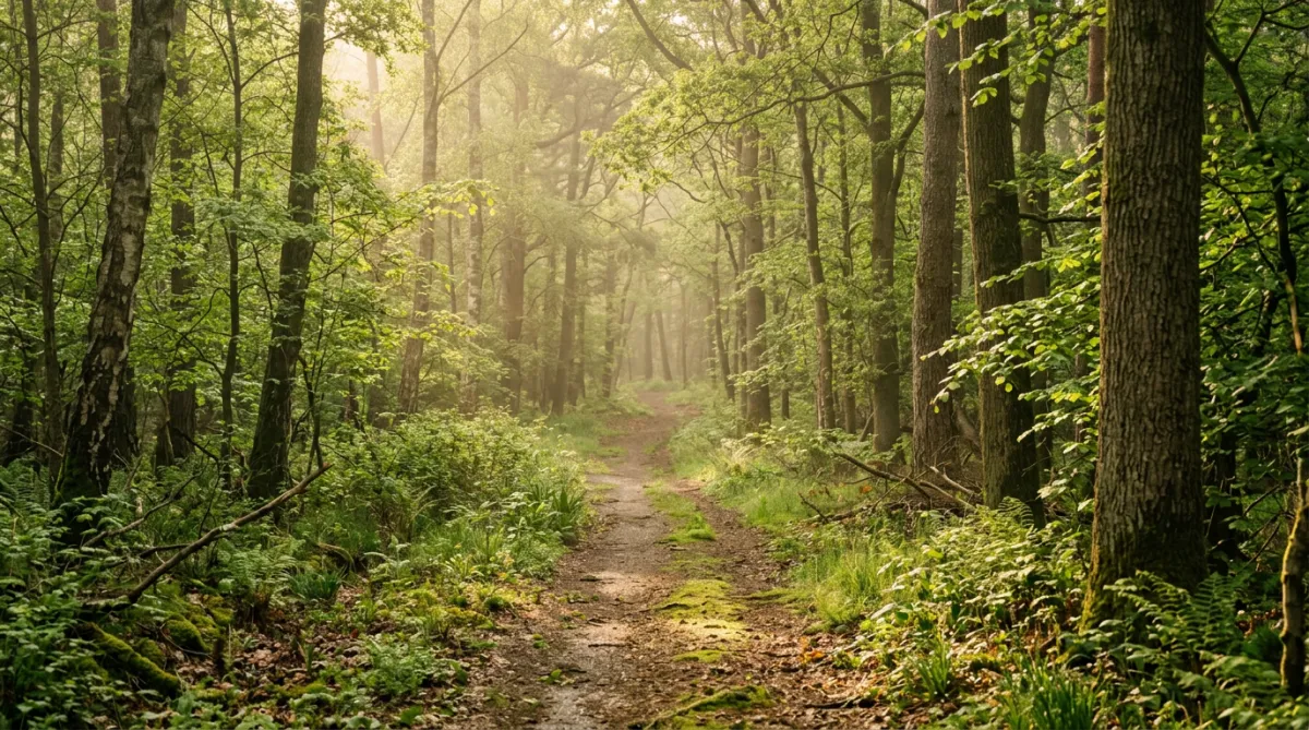 Calm forest pathway with soft sunlight filtering through trees
