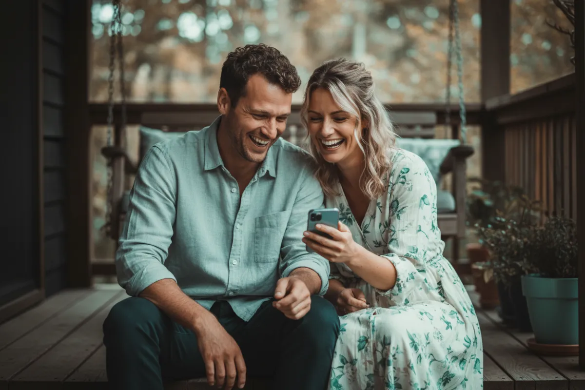 30s couple on a porch laughing while checking a phone, lifestyle image for Nimbus benefits