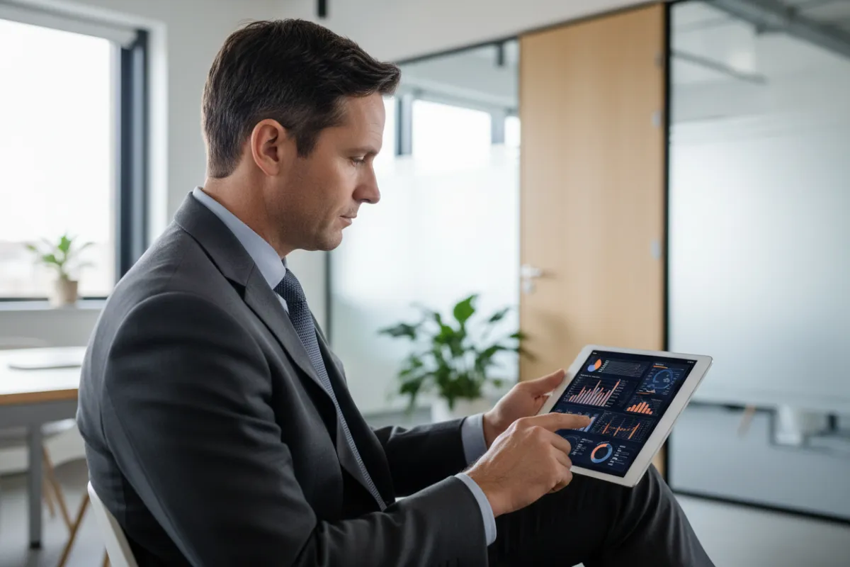 Board-certified actuary reviewing data on a tablet in a modern office