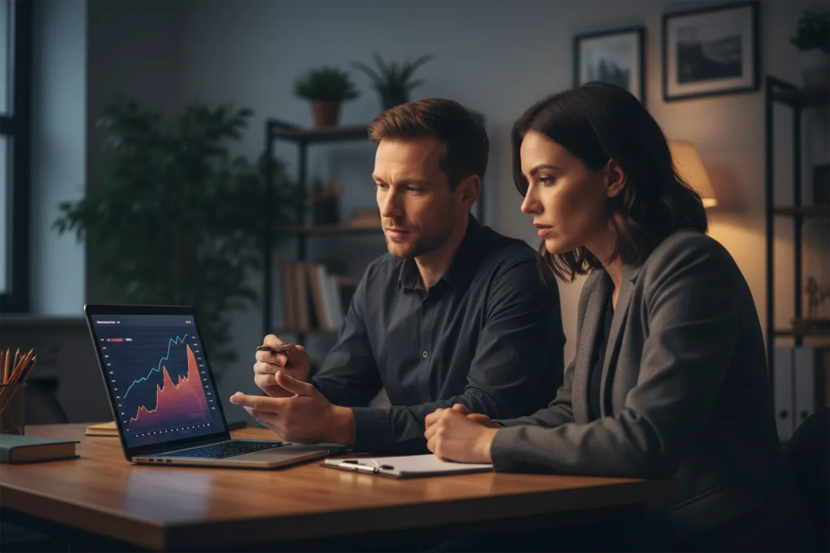 Colleagues reviewing a chart on a laptop in an office, explainer video thumbnail