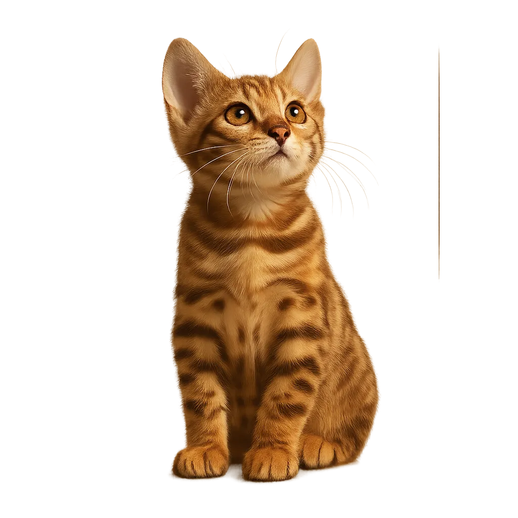 Stunning cutout of a premium Bengal kitten looking up with exquisite rosettes