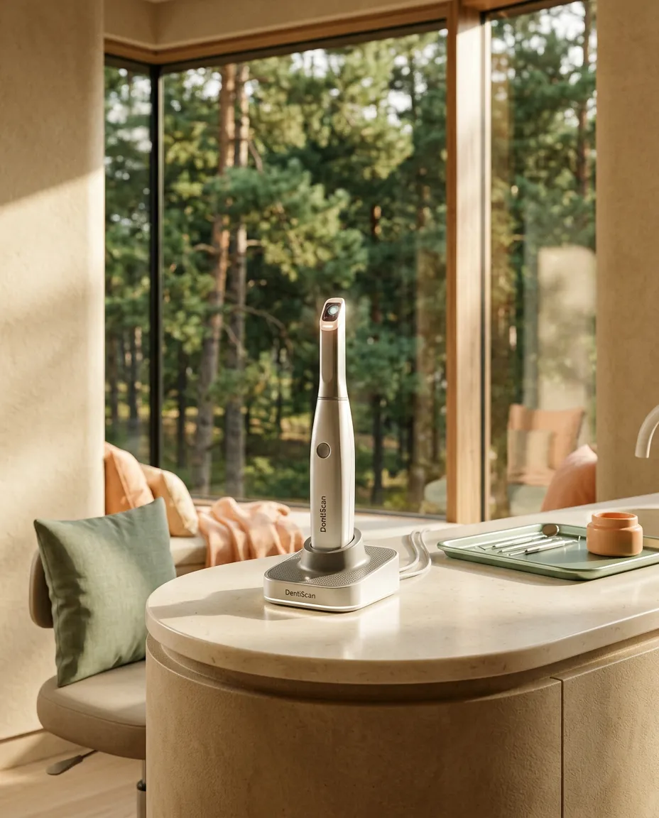 Modern digital dental scanner in a sunlit clinic overlooking pine trees