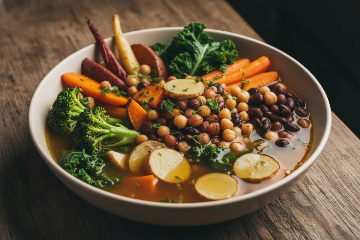 צלחת צבעונית וקרובה של מנה מותאמת למעי — ירקות עשירים בסיבים, מרק חם וטקסטורות טבעיות על משטח עץ, תאורה חמה המדגישה טריות וטעם, צילום פוטוריאליסטי שמעביר תחושת אכילה נעימה ובטוחה.