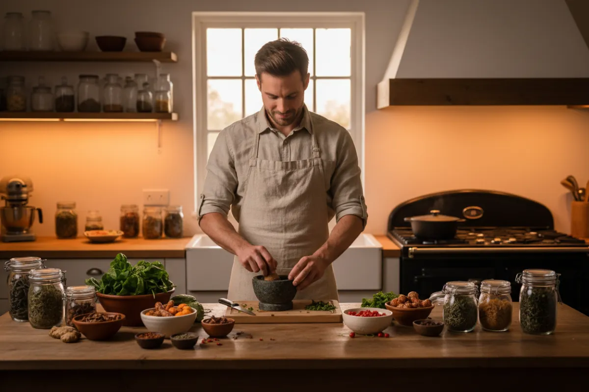 מטבח ביתי בהיר עם שף חובב שמכין מנת מרפא טבעית — כלי בישול פשוטים, תבלינים טבעיים ופריטים טריים על משטח, צילום בינוני המדגיש כוח השינוי שנוצר במטבח היומיומי.
