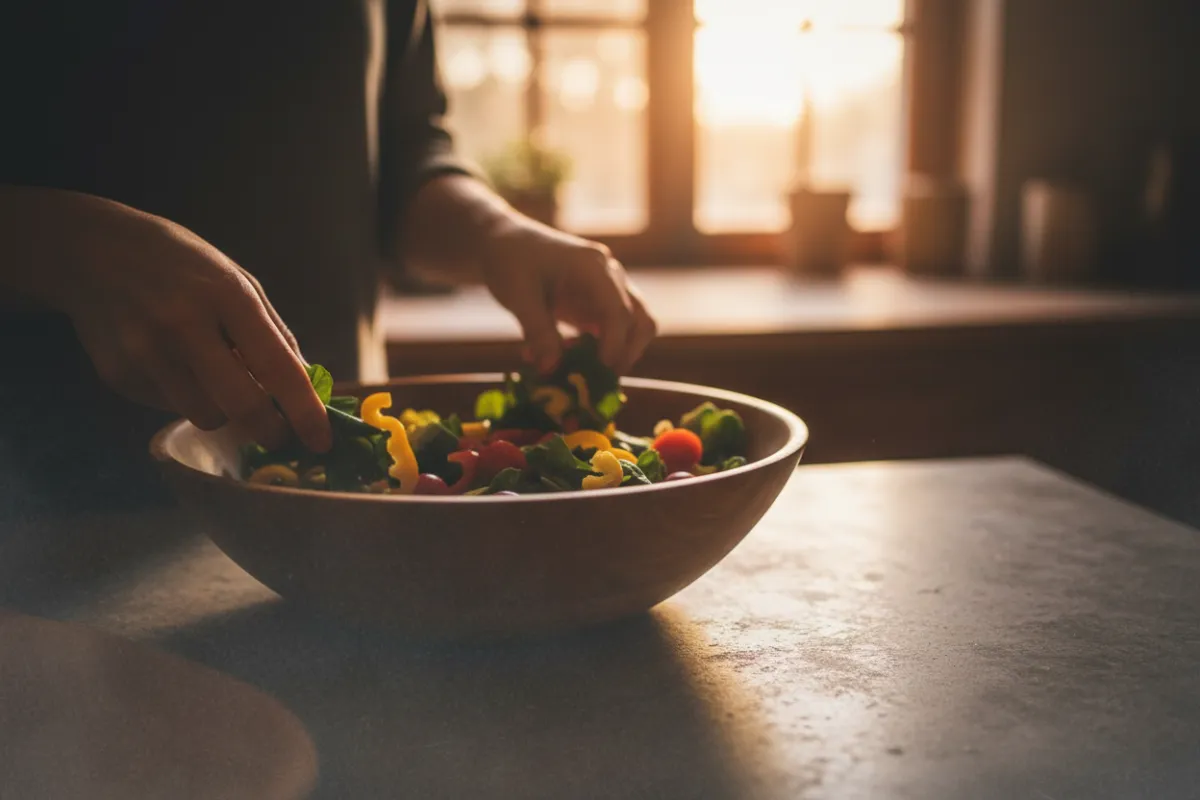 רקע מטושטש של ידיים שמכינות אוכל בריא, אפקט פרוסטד, צבעים חמים