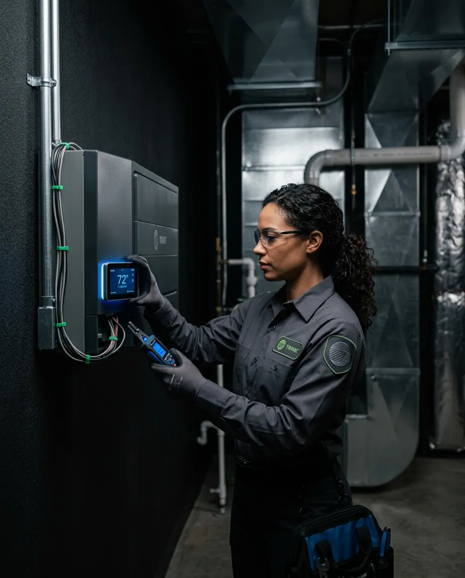 Professional HVAC technician servicing a residential cooling system