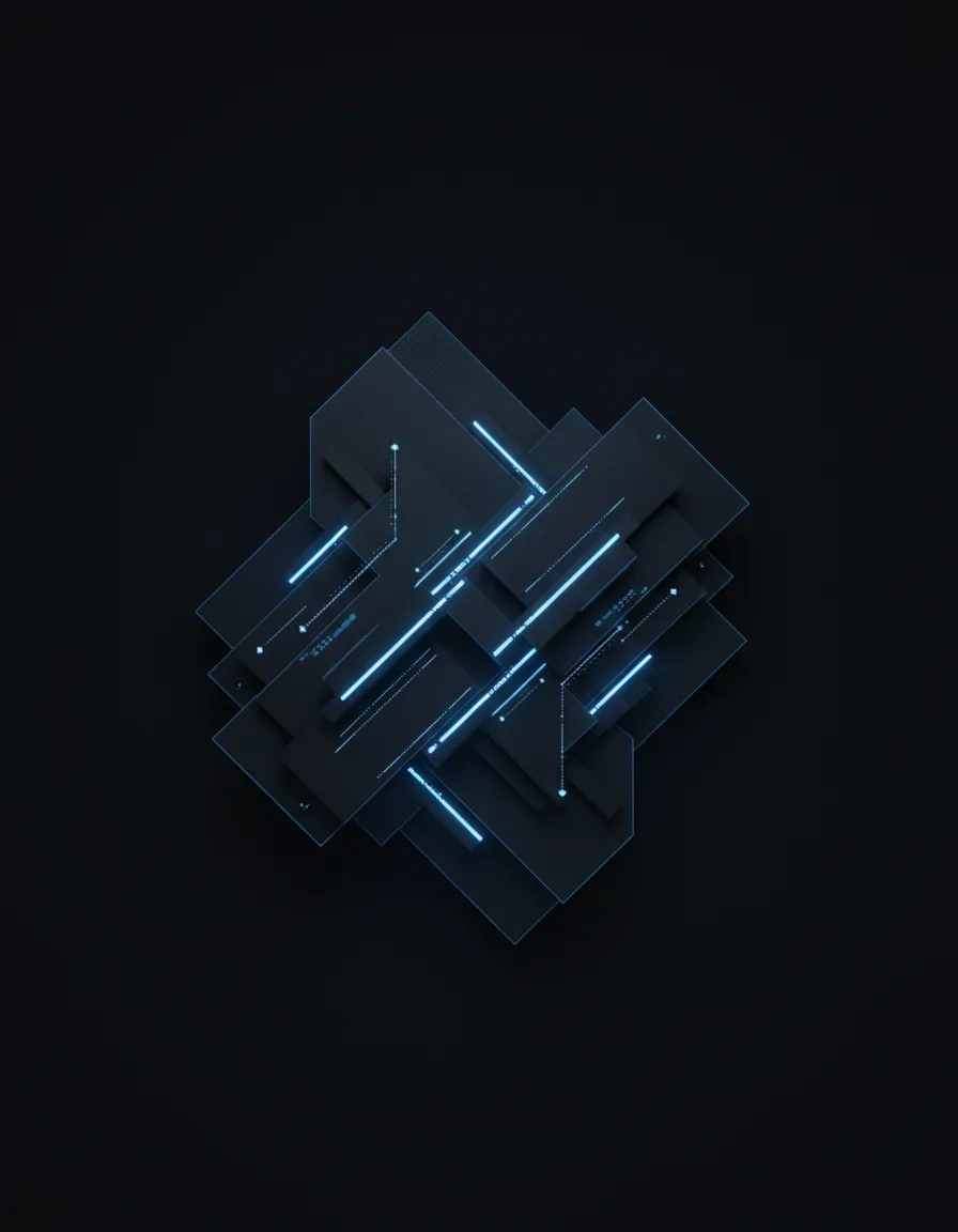 High-contrast architectural UI abstraction showing precise data flows