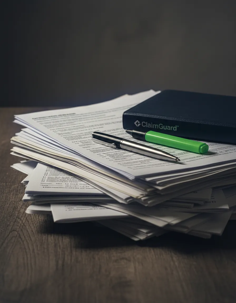 Stressed person looking at confusing insurance paperwork and denied claim forms