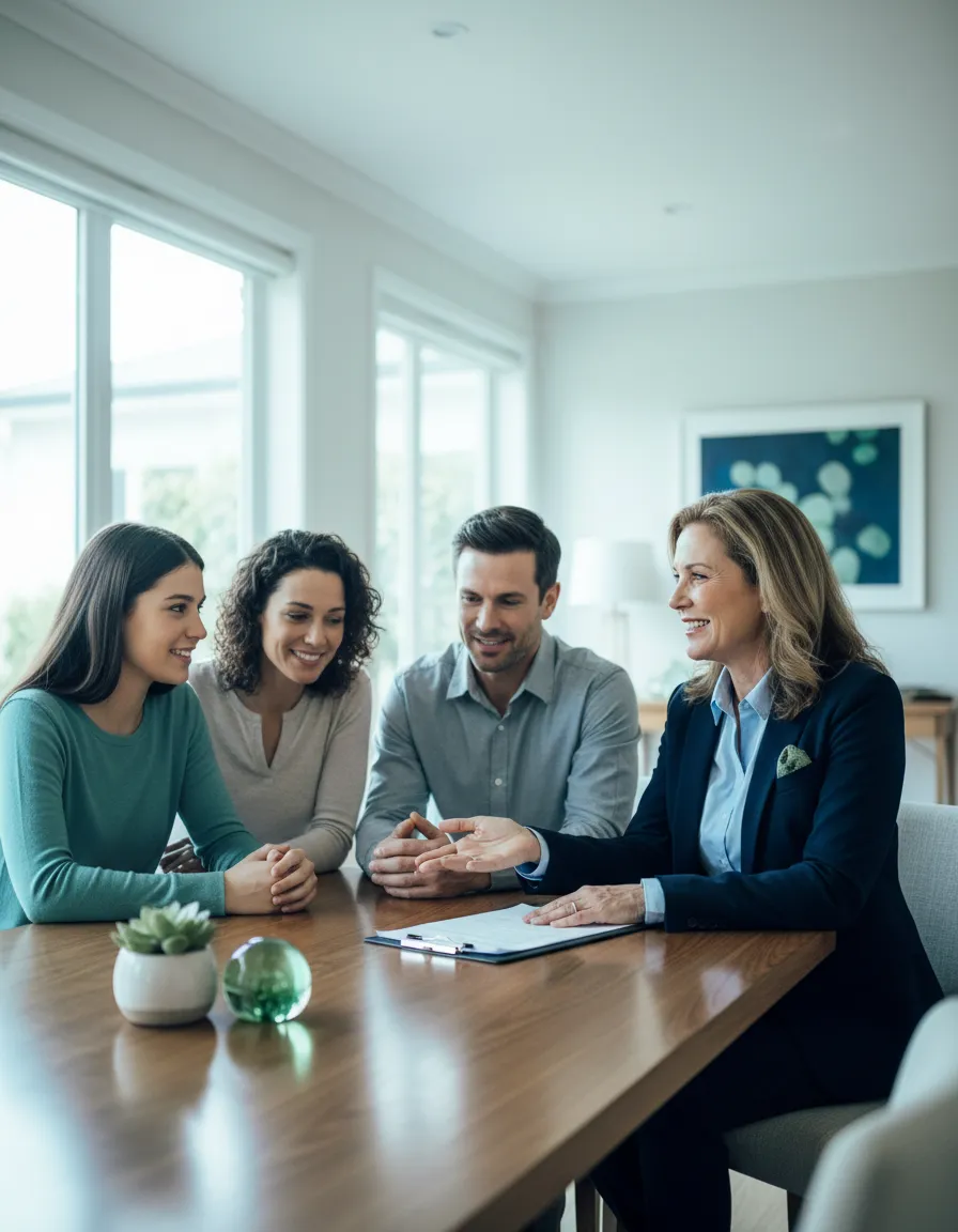 Professional insurance adjuster reviewing documents and helping a family