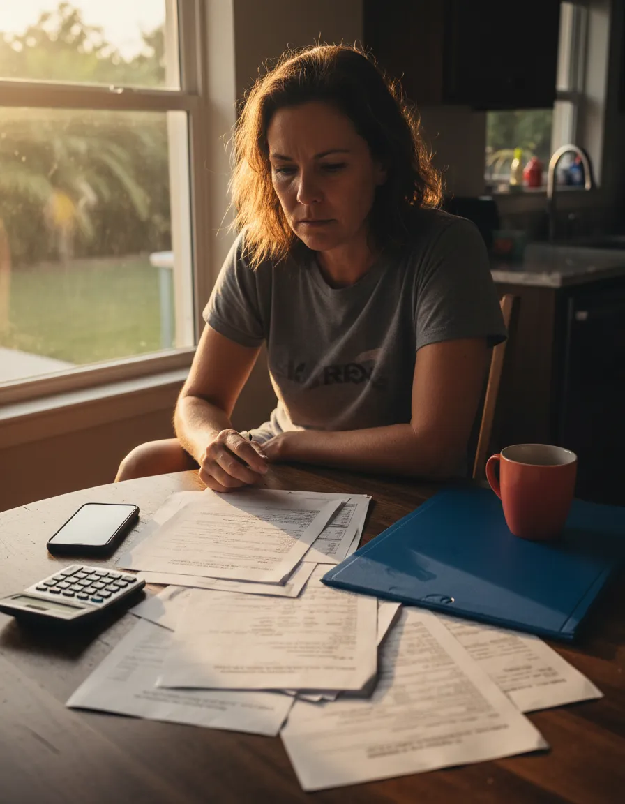 Stressed Florida homeowner reviewing low-ball insurance claim paperwork