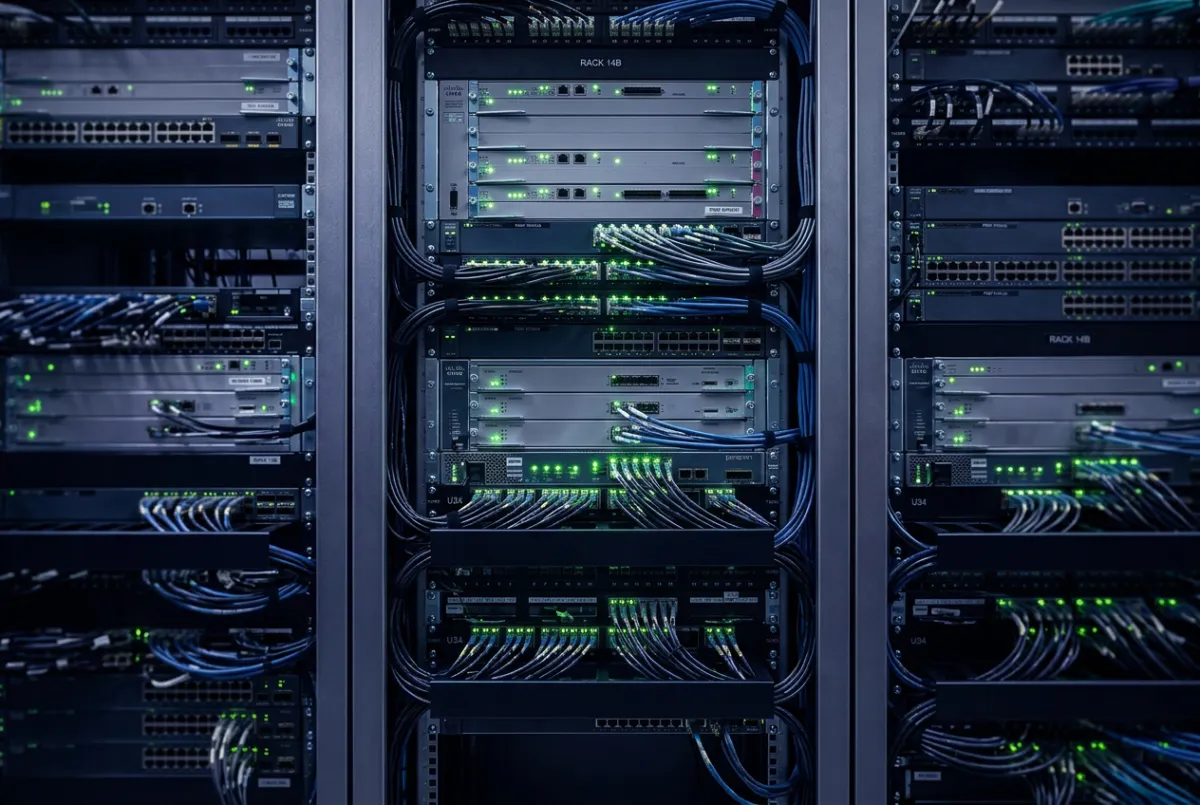 High-end optical telecommunications server rack and network infrastructure with blue lighting
