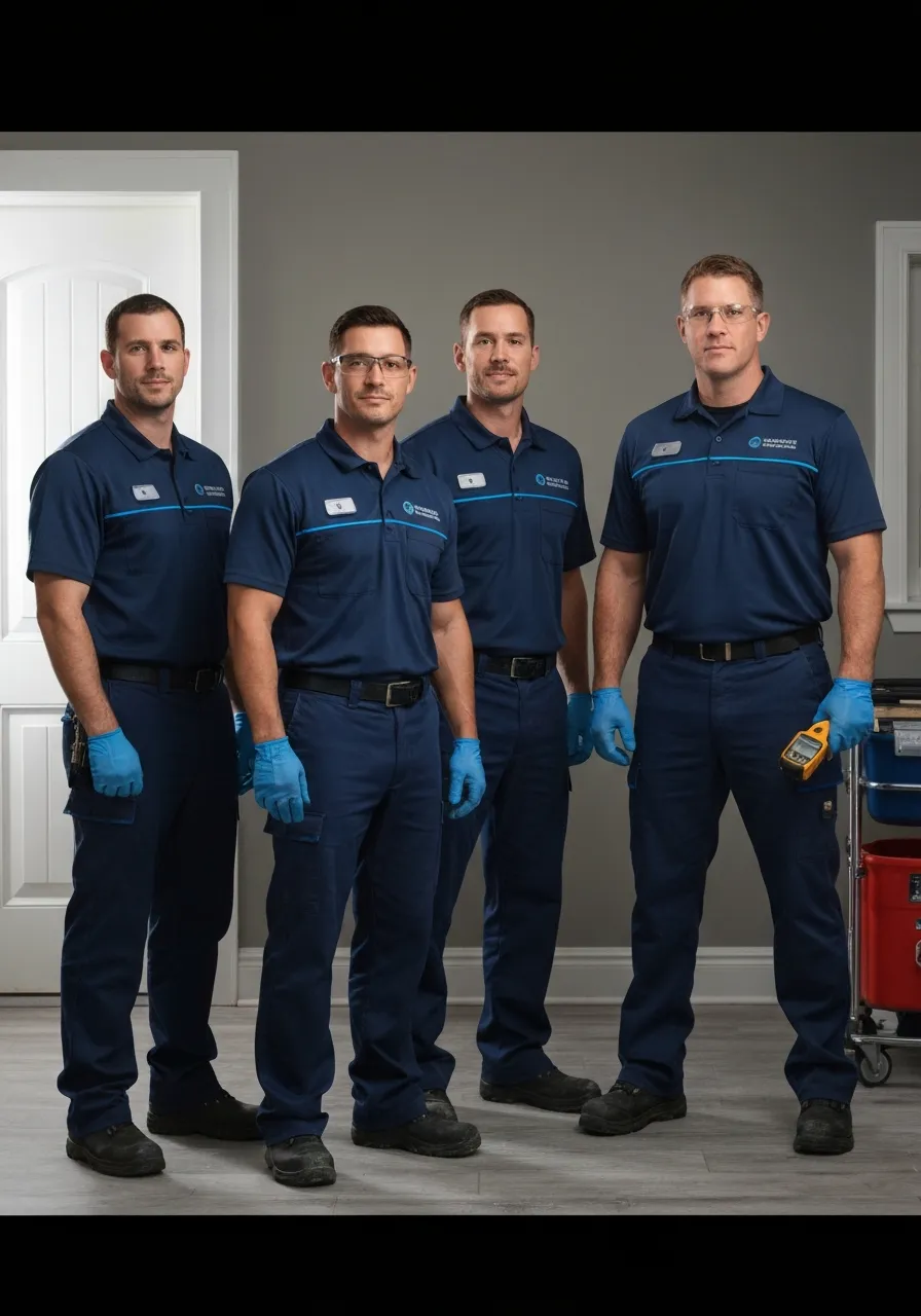 Professional restoration team actively working on a property