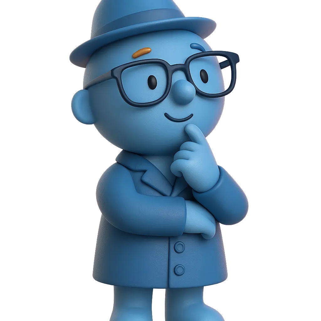 Barnaby the Blue Logic Detective illustrated character with smart glasses and thinking expression