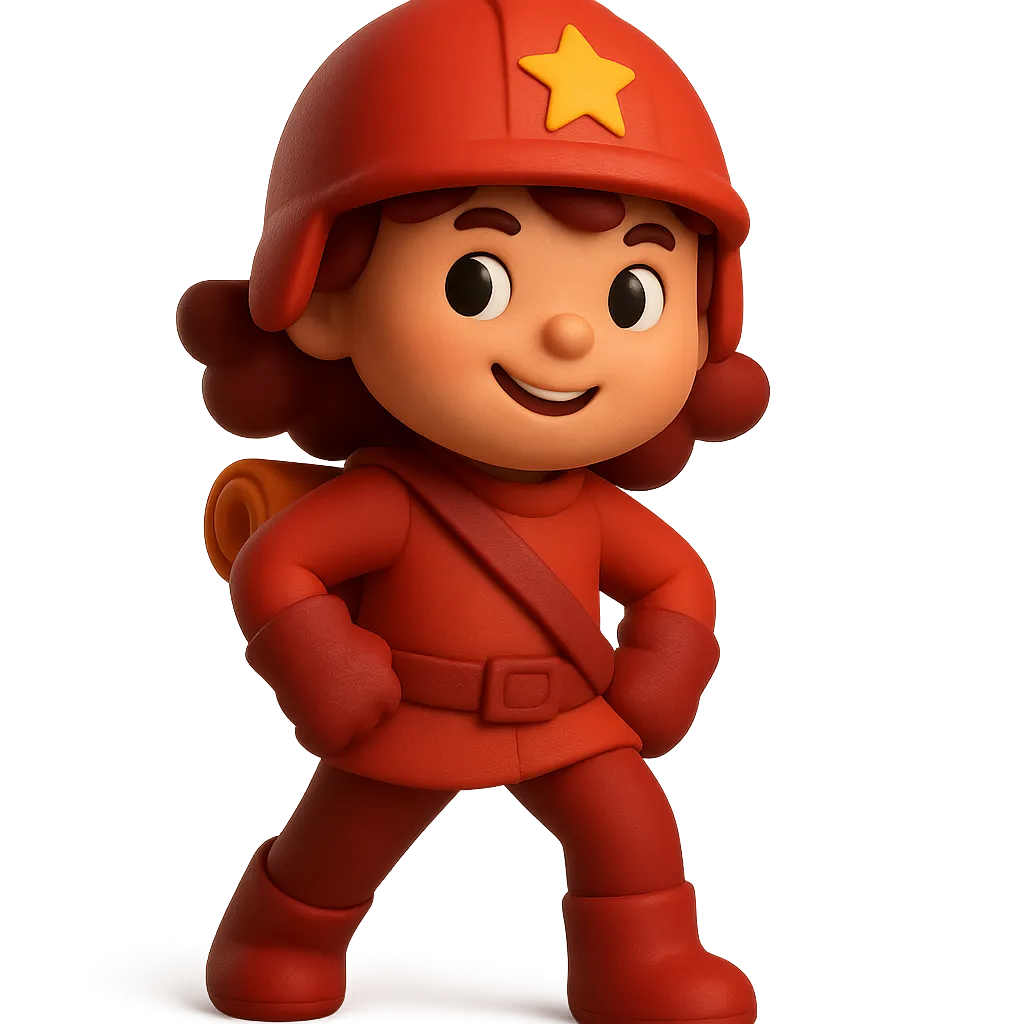 Ruby the Red Action Pioneer illustrated character smiling with confident energy