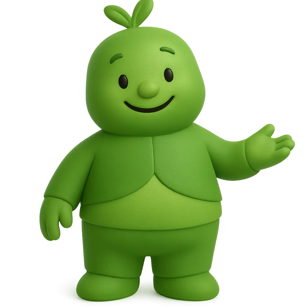 Oliver the Green Harmony Peacemaker illustrated character smiling with warm empathetic kindness