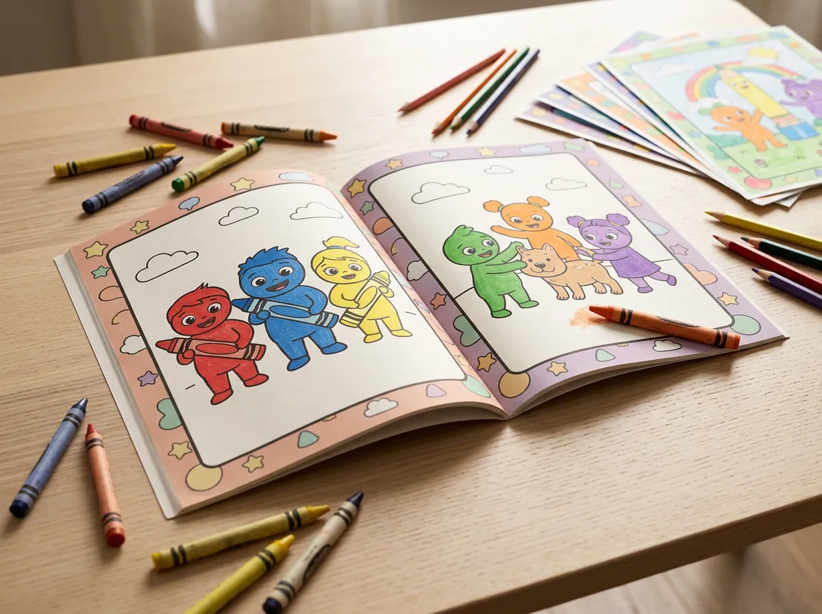 Joyful child coloring pages featuring The Color Crew characters with thick soft-toned borders