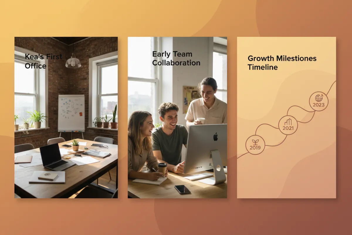 A photo collage featuring Kea’s first office, early team members collaborating, and a visual timeline of key growth milestones. The palette is warm and inviting, with natural lighting and candid moments, conveying the company’s authentic journey and evolution.